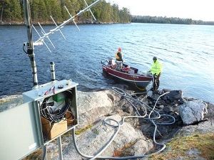 USGS field technicians installing an acoustic Doppler velocity meter (ADVM) between Kabetogama and Namakan Lakes. 