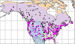 Map of North America with dots on the map signifying locations where major floods were recorded.