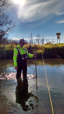 Visiting Scientist Samuel Costa making a streamflow measurement in the Vermillion River.