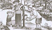 Drawing of kids using a hand pump to get ground water. 