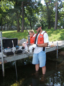 Collecting pore-water sample from lake sediments in Bald Eagle Lake.