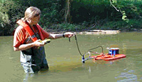 Picture of a scientist measuring streamflow in a small stream using acoustic technology. 
