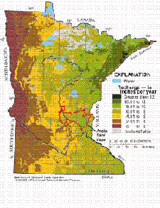 Average annual recharge to surficial materials in Minnesota (1971-2000) estimated on the basis of the regional regression recharge (RRR) model.