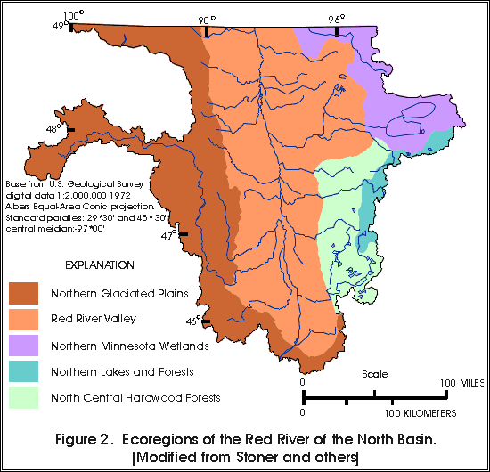 Figure 2. Ecoregions in the Red River of the
North Basin. Modified from Stoner and others, 1993